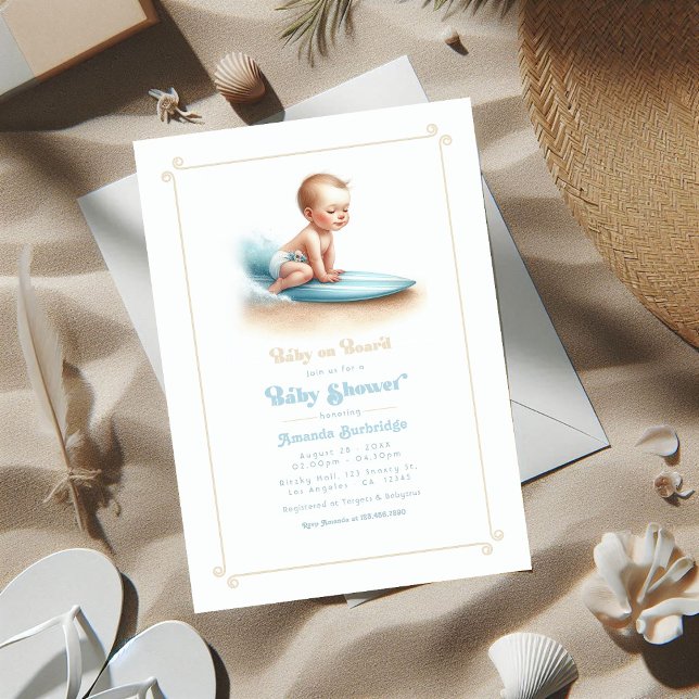 Convites Chá de fraldas de Tema de Navegação no Conselho (Baby on Board Surfing Theme Baby Shower Invitation)