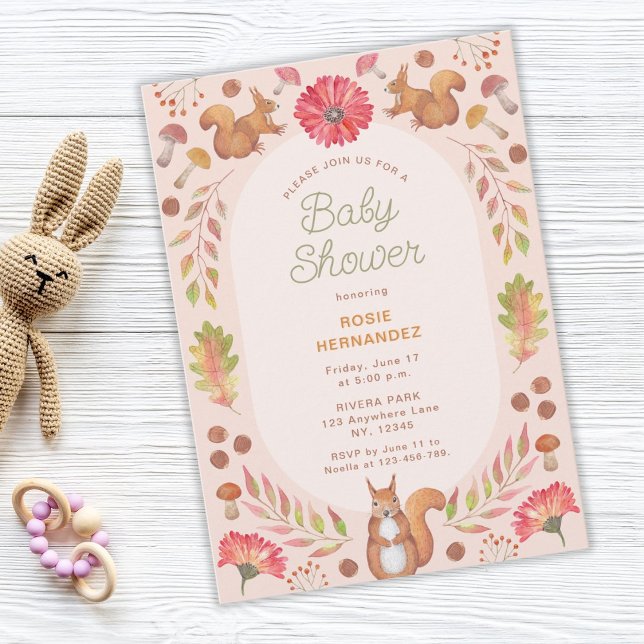 Convites Chá de fraldas de Tema de Queda Simétrica de Aquar (autumn fall baby shower, squirrel, nuts, leaves, flowers)