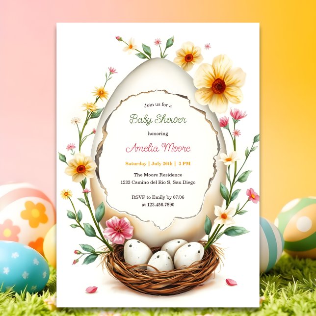 Convites Chá de fraldas de Tema do Ninho de Ovo Floral (Personalized Baby Shower Invitation Floral Egg Nest Theme)