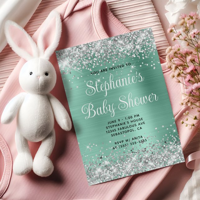 Convites Chá de fraldas de Teto Leve com Glitter Silver (Silver Glitter Light Teal Baby Shower Invitation)