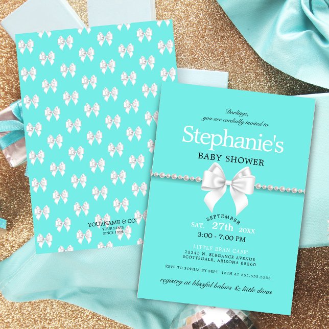 Convites Chá de fraldas de Tiffany Arco Branco Elegante Aqu (Elegant aqua blue teal tiffany theme baby shower with pearls white bow and simple typography script)