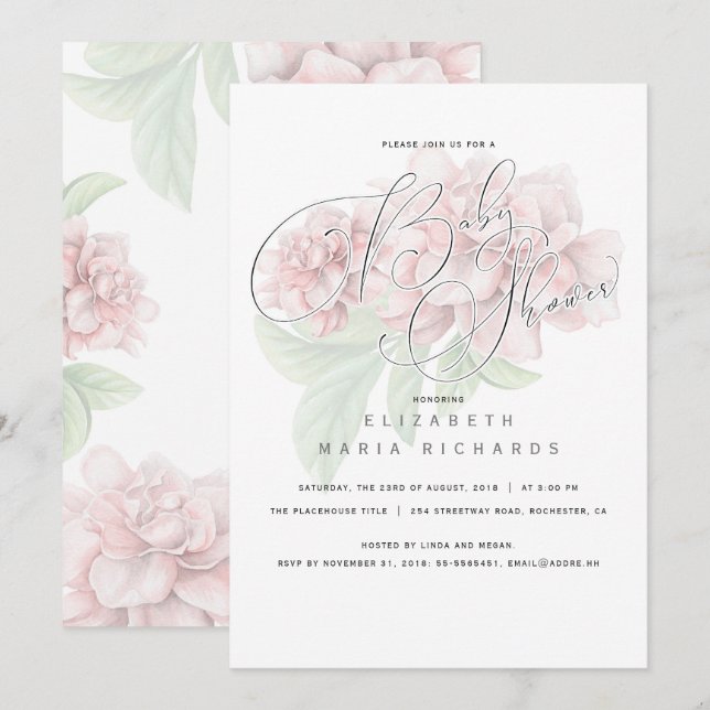Convites Chá de fraldas de Tipografia Floral Rosa Elegante (Frente/Verso)