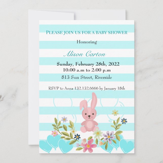 Convites Chá de fraldas de tiras de folhas brancas e azuis (Frente)