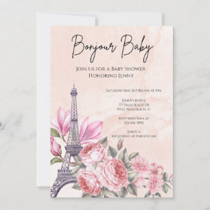 Convites Chá de fraldas de torre Eiffel francês, rosa-paris