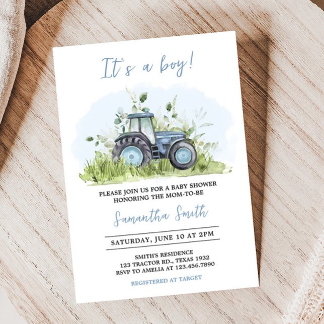 Convites Chá de fraldas de trator azul (Farm Tractor Baby Shower Invitation)