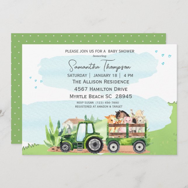 Convites Chá de fraldas de Trator Verde de Animais de Explo (Frente/Verso)