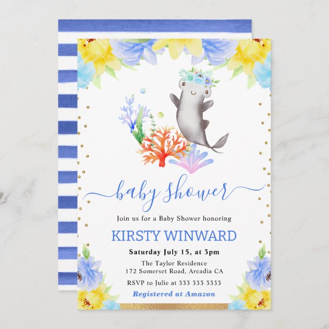 Convites Chá de fraldas de Tubarão Submarino Floral (Frente/Verso)