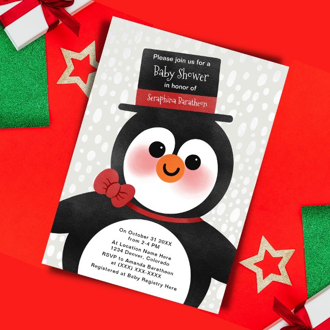 Convites Chá de fraldas de Tuxedo Penguin de Natal bonito (Criador carregado)