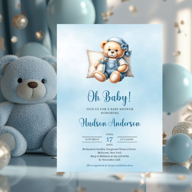 Convites Chá de fraldas de ursinho bonitinho minimalista (minimalist boy baby shower invitation with cute teddy bear)