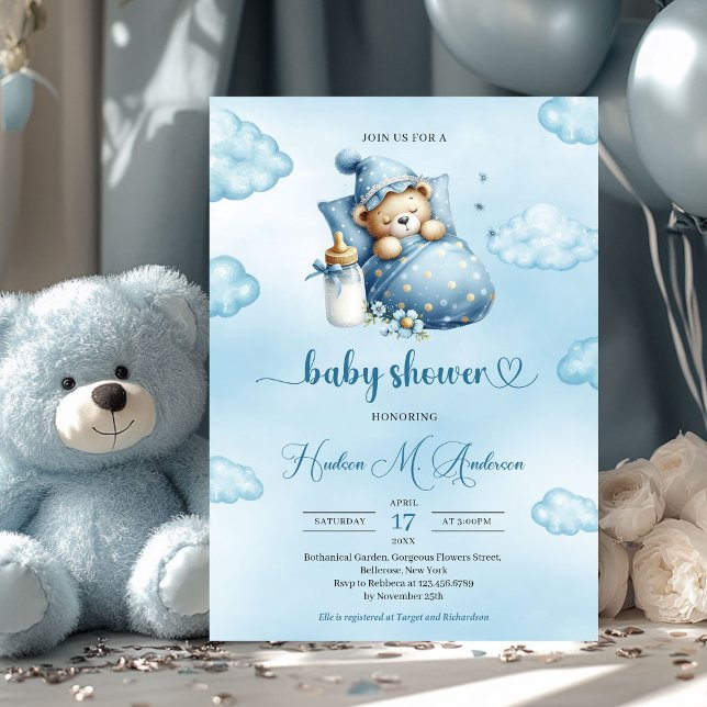Convites Chá de fraldas de ursinho-de-pelúcia (cute sleeping teddy bear boy baby shower invitation )