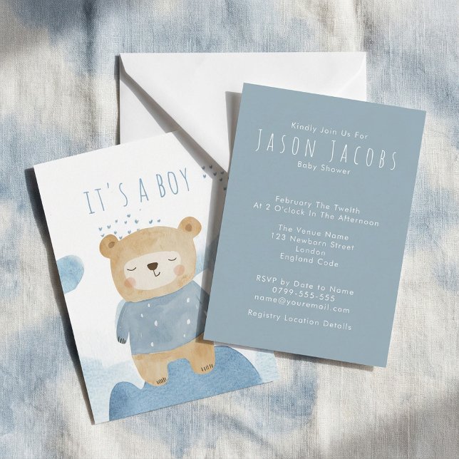 Convites Chá de fraldas de ursinho de pelúcia azul (Blue Watercolor sleepy teddy bear Baby Shower Invitation.)