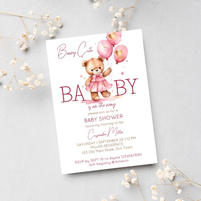 Convites Chá de fraldas de ursinho de pelúcia bonitinha (Beary cute girl teddy bear baby shower template invitation digital download teddy bear pink dress)