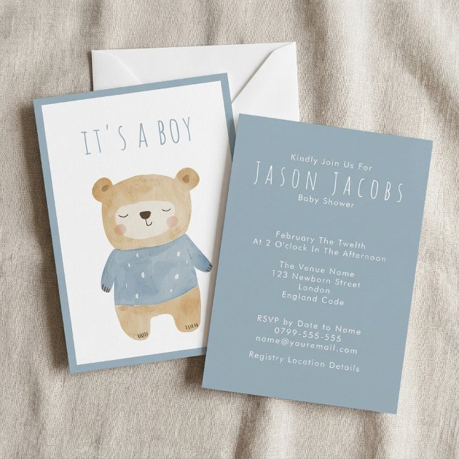 Convites Chá de fraldas de ursinho de pelúcia e sono azul-a (Blue Watercolor cute sleepy teddy bear Baby Shower Invitation.)