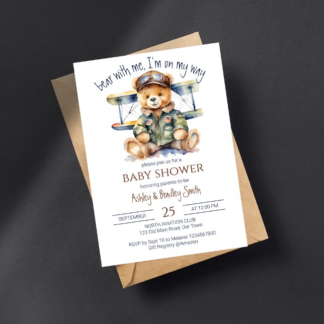 Convites Chá de fraldas de ursinho de pelúcia fofinho de pe (Tiny pilot teddy cute bear baby shower template invitation digital download vintage pilot jacket)