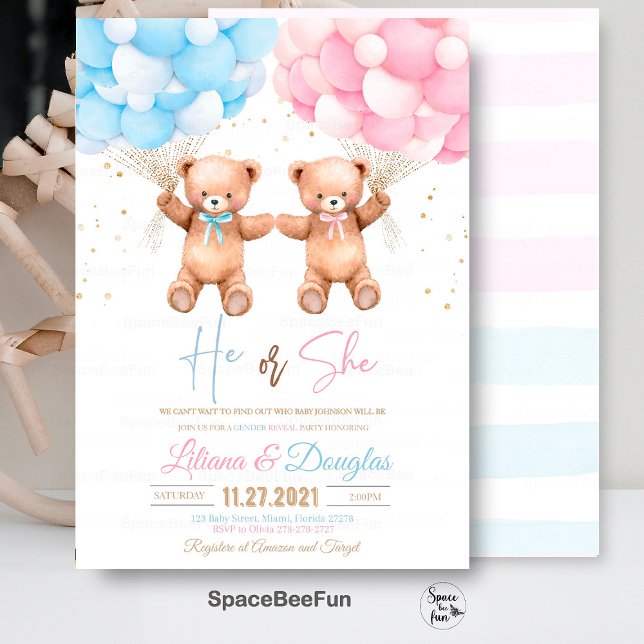 Convites Chá de fraldas De Ursinho Ele ou Ela Revelam O Gên (Teddy Bear invitation,Baby Shower bear,He or She invites,Gender Reveal bear,Baby Shower invite,Invit)