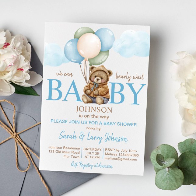 Convites Chá de fraldas de ursinho esperando ursinho giro (Teddy bear baby shower invitation template bearly wait bear with balloons clouds instant download)