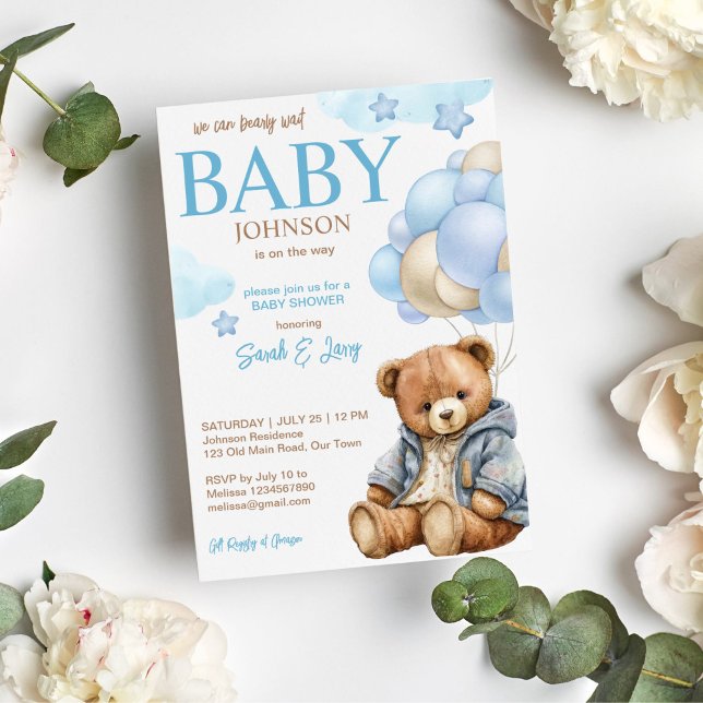 Convites Chá de fraldas de ursinho esperando ursinho giro (Teddy bear in a jacket with balloons baby shower invitation template instant download)