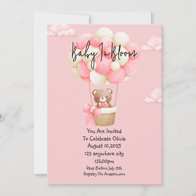 Convites chá de fraldas de ursinho rosa (Frente)