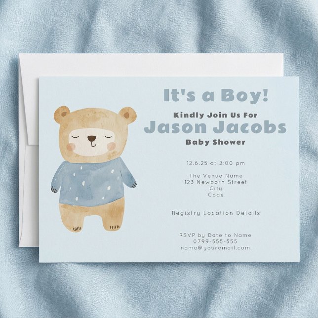 Convites Chá de fraldas de Urso Azul Adorável "é um menino" (Adorable blue teddy Bear Baby Shower "it's a boy" Invitation.)