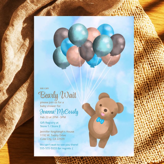 Convites Chá de fraldas de Urso Azul Castanho (Watercolor Blue Brown Balloons Bear Baby Shower Digital Invitation Available in Drop Down Menu)