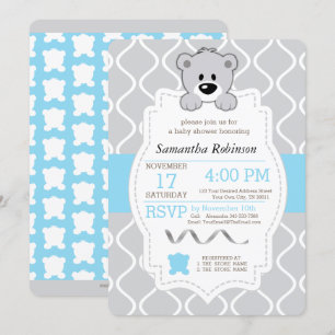 Convites Chá de fraldas de Urso Azul Claro e Cinza