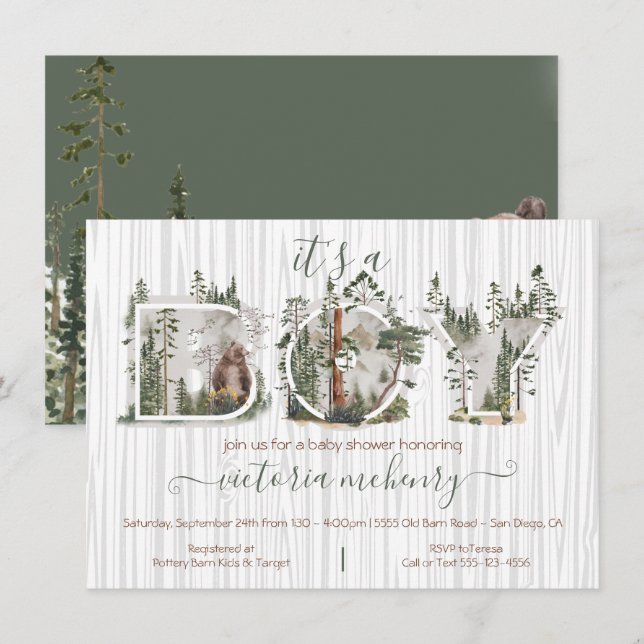 Convites Chá de fraldas de Urso de Aquarela Florestal (Frente/Verso)