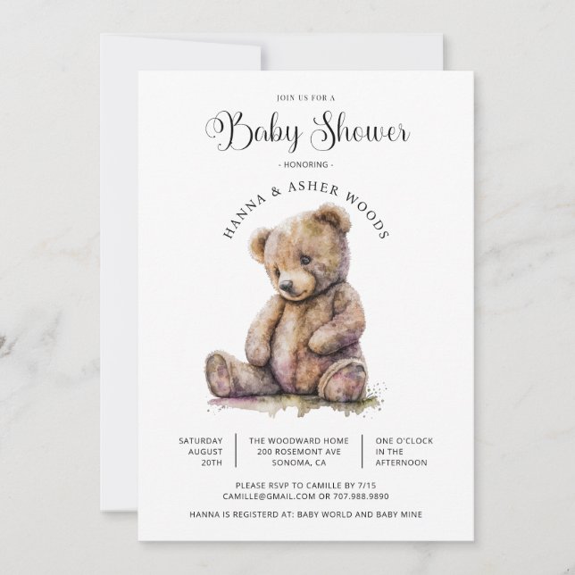 Convites Chá de fraldas de Urso de Corante Aquoso (Frente)