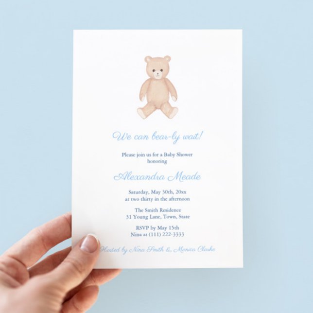 Convites Chá de fraldas De Urso De eterno Para Festa De Men (Classic Watercolor Teddy Bear Baby Shower For Boy Invitation with pale blue accents )