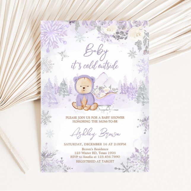 Convites Chá de fraldas de Urso de inverno (Purple Teddy Bear Baby Shower Invitation)