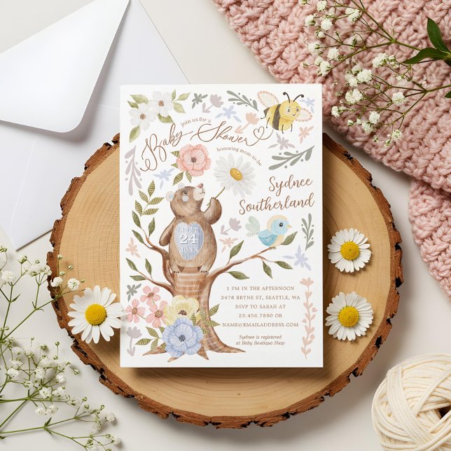Convites Chá de fraldas De Urso De Mão De Boca Floral (Cute Floral Woodland Knitted Bear Baby Shower Invitation)