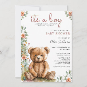 Convites Chá de fraldas de Urso de Urso com Aquarela