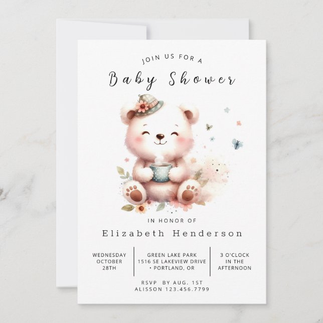 Convites Chá de fraldas de Urso Digital Bohemian (Frente)