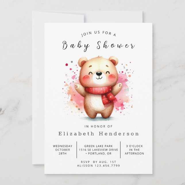Convites Chá de fraldas de Urso Digital de Aquarela (Frente)
