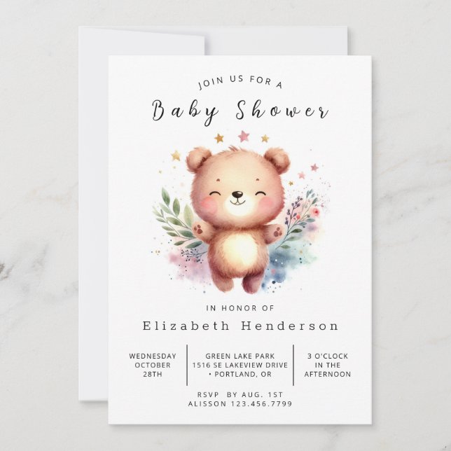 Convites Chá de fraldas de Urso Digital Único (Frente)