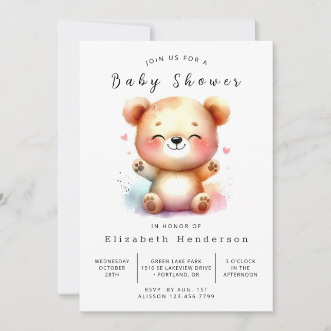 Convites Chá de fraldas de Urso Digital Único (Frente)
