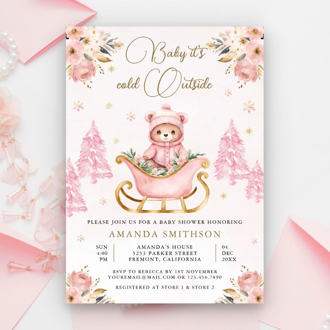 Convites Chá de fraldas de Urso Dourado Floral, Rosa-Invern (Criador carregado)