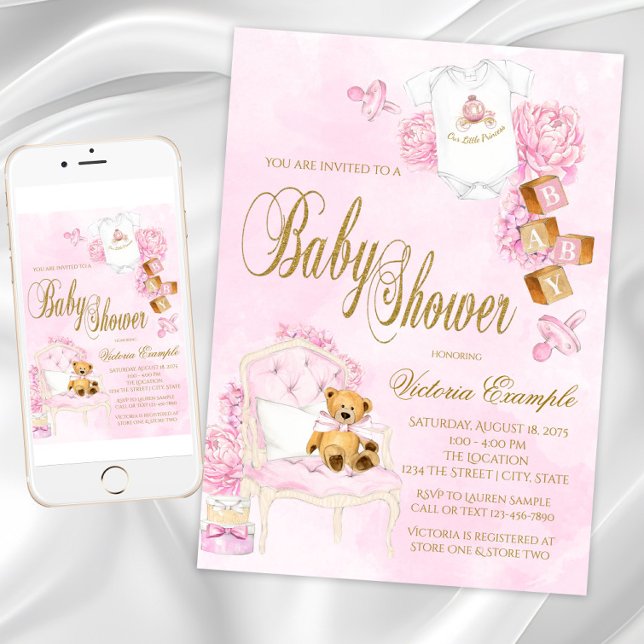 Convites Chá de fraldas de Urso Dourado, Rosa-d-Água, (Girl Watercolor Pink Gold Teddy Bear Baby Shower Invitation. Download and printed available.)