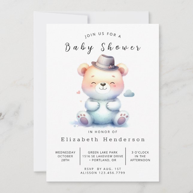 Convites Chá de fraldas de Urso Editável Chic (Frente)