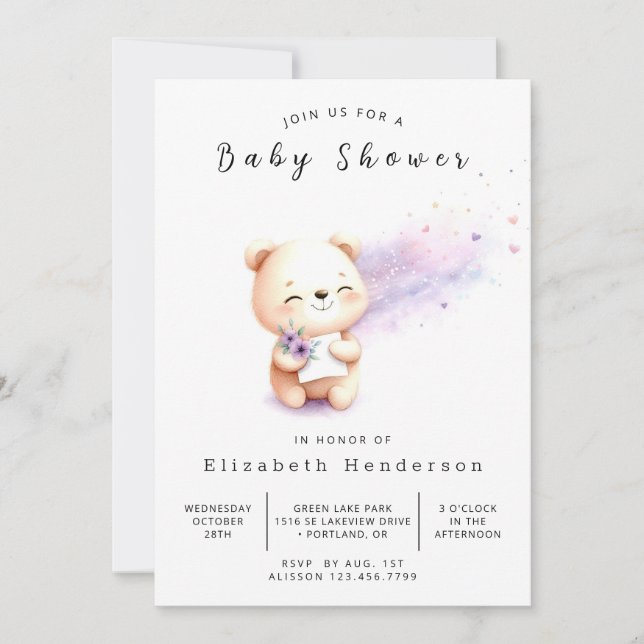 Convites Chá de fraldas de Urso Editável Encantado (Frente)