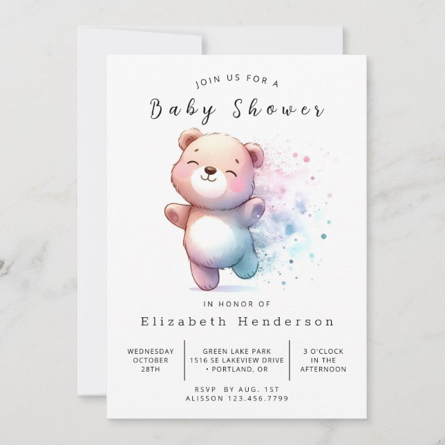 Convites Chá de fraldas de Urso Editável Encantado (Frente)
