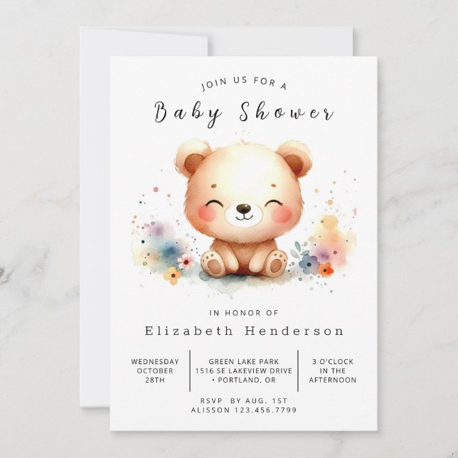Convites Chá de fraldas de Urso Editável Pastel (Frente)