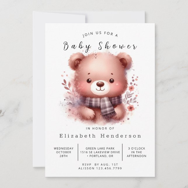 Convites Chá de fraldas de Urso Editável Woodland (Frente)