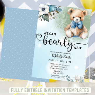 Convites Chá de fraldas de Urso Floral Azul