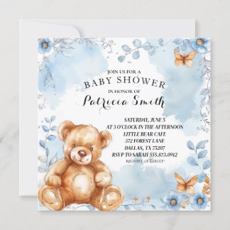 Convites Chá de fraldas de Urso Floral Azul de Aquarela