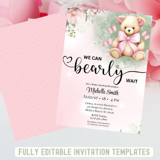 Convites Chá de fraldas De Urso Floral De Teddy Flush, Rosa