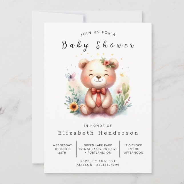 Convites Chá de fraldas de Urso Imprimível de Watercolor (Frente)