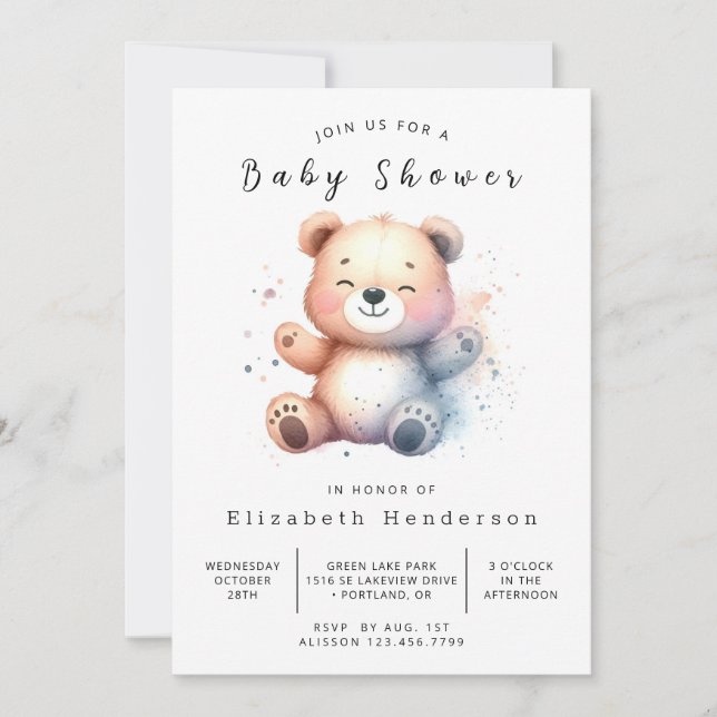Convites Chá de fraldas de Urso Imprimível Whimsical (Frente)