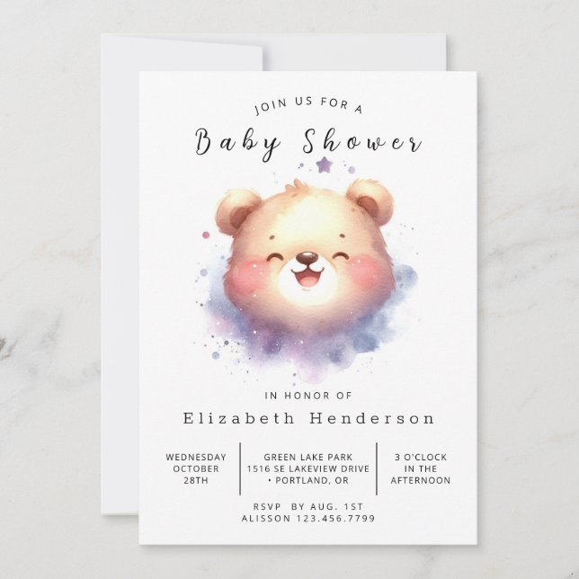 Convites Chá de fraldas de Urso Imprimível Whimsy (Frente)