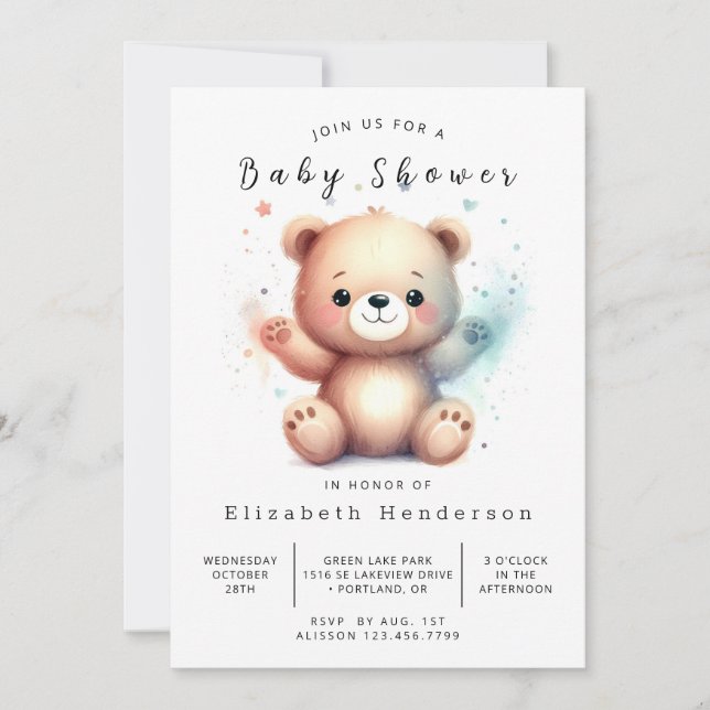 Convites Chá de fraldas de Urso Imprimível Whimsy (Frente)