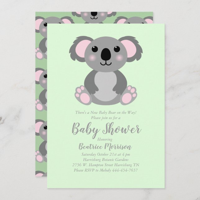 Convites Chá de fraldas de Urso Koala Neutro de Gênero Verd (Frente/Verso)